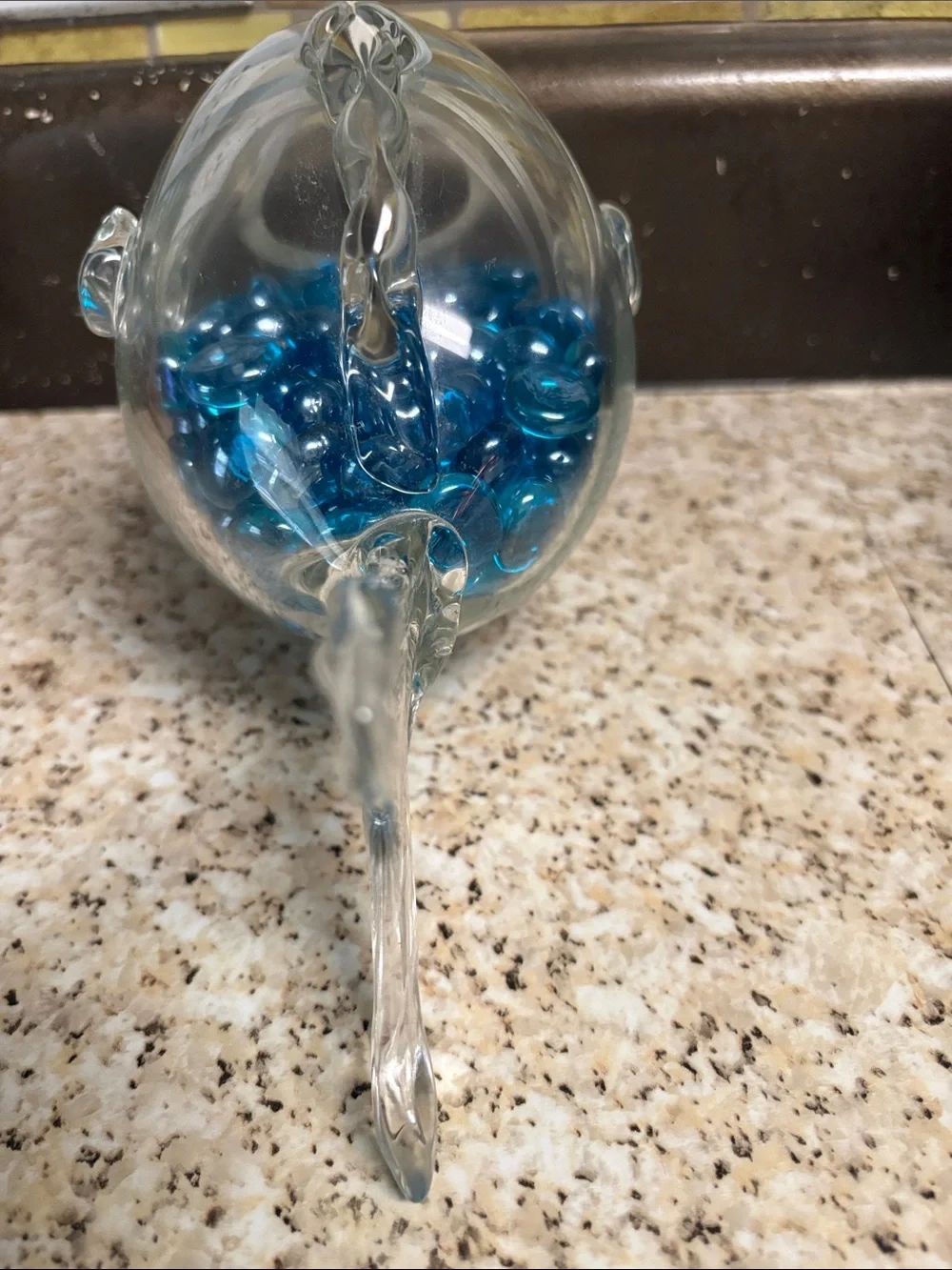 Glass Fish Bowl Accent with Blue Decorative Gems
